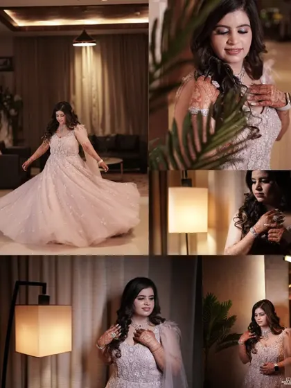 A collage of the bride in her shimmering engagement gown, capturing her twirls, her smiles, and her elegant poses.