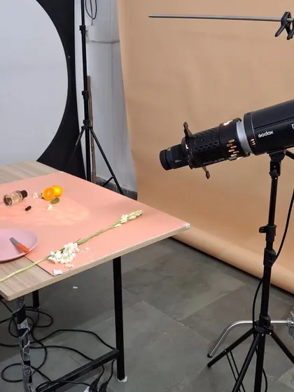 A closer look at the lighting projector we used to create the natural, leafy shadows for the Fraganote flatlay.