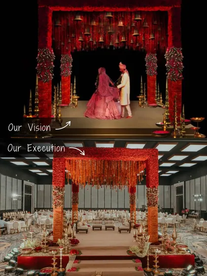 From a detailed 3D render to a breathtaking reality. This image showcases our commitment to bringing your vision to life, demonstrating how we translate a design concept into a grand, fully-realized wedding mandap, ensuring every element is executed to perfection.