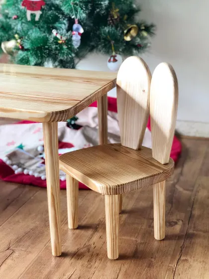 The complete bunny chair and table set. It’s lightweight, durable, and perfect for creating a little activity zone for your child. All pieces are handmade by my talented artisans.