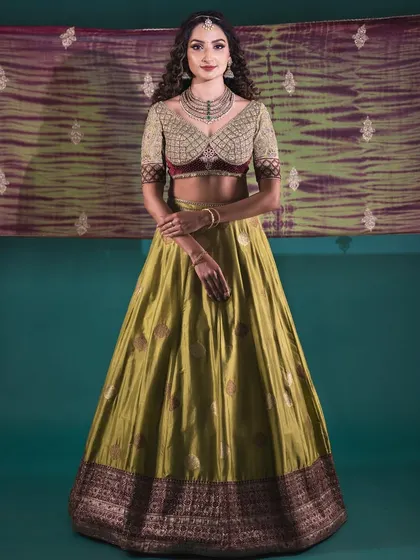 A full-length portrait of the model in the olive green Banarasi lehenga. The rich colors and flowing silhouette make it a stunning choice for a reception or sangeet.