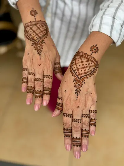 A modern geometric design on the back of the hands for a client new to henna.