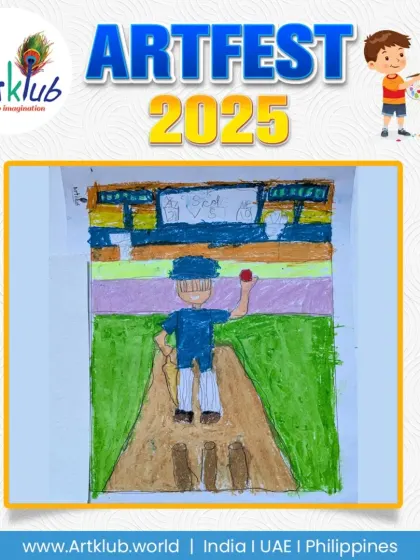 A junior artist's drawing of a cricket bowler in action. The focus is on the player as he prepares to bowl on the pitch.