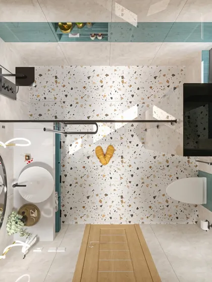 An overhead view of the bathroom layout, showing the terrazzo flooring and the clean, modern arrangement of fixtures.