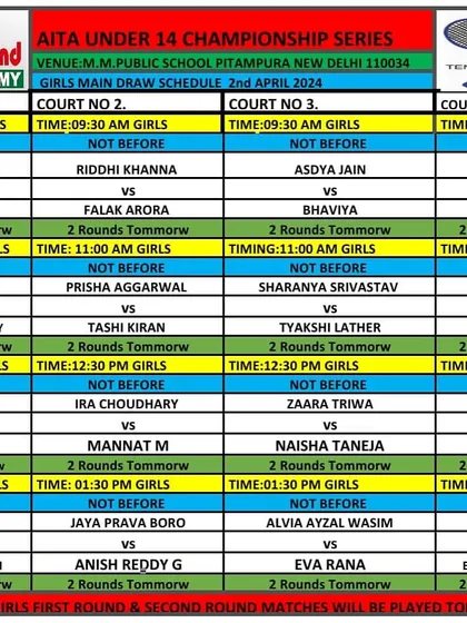 The Girls Main Draw schedule for the AITA Under 14 Championship Series from 2nd April 2024.