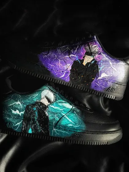 The full pair of Gojo custom sneakers, with one shoe in his blue "Lapse" and the other in his purple "Hollow" technique colors.