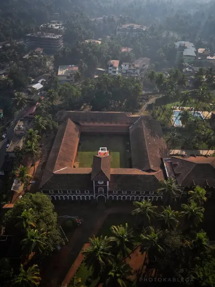 An aerial shot of the historic Sawantwadi Palace in the heart of Konkan. This demonstrates my ability to capture architectural marvels within their natural landscape, providing a unique perspective on Maharashtra's hidden gems.
