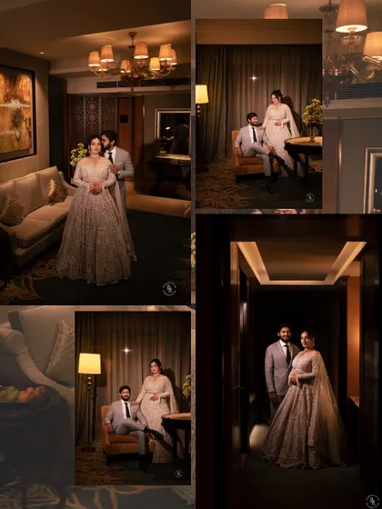 A collage showcasing the couple's elegant reception look in a luxurious hotel suite, capturing different angles and moods from their stylish indoor shoot.