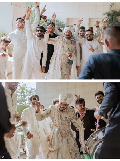 The groom and his groomsmen celebrating during the Baraat procession.