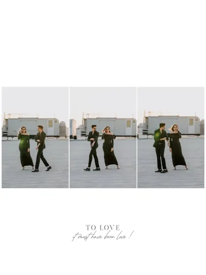 A triptych album layout showing the couple walking and interacting, with the romantic text "TO LOVE it must have been love" adding to the narrative.