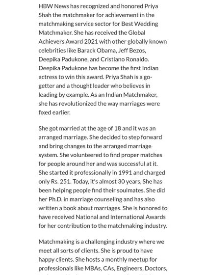 International Business Times reported on HBW News honoring me as the Best Wedding Matchmaker, an award I received alongside global figures like Barack Obama and Deepika Padukone. This recognizes my contribution to revolutionizing the matchmaking industry.