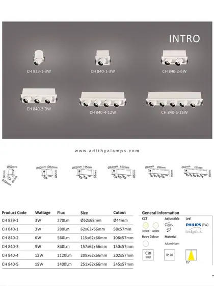 A duplicate of image 40, this is the product catalog page for our 'Intro' series of recessed architectural lights, with full specifications.
