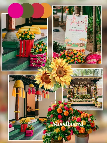 This moodboard captures the essence of a bright and joyful Haldi ceremony. It combines images of the vibrant floral decor, the welcome signage, and the overall setup, showcasing the cohesive vision for the event.