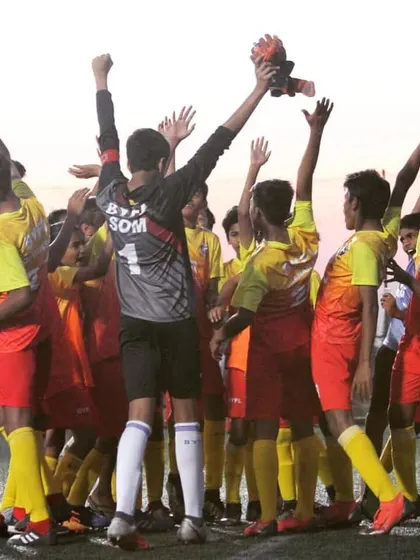 A historic moment from 2019. Our sub-junior team celebrating after a thrilling semi-final comeback in the Hero Sub-Junior League in Goa, a memory that defines our fighting spirit.