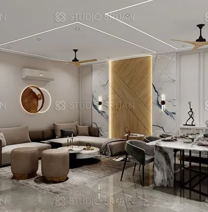 A modern, open-plan living and dining area in a DLF, Gurgaon residence. The design uses a light color palette with wood accents to create a bright and airy feel.