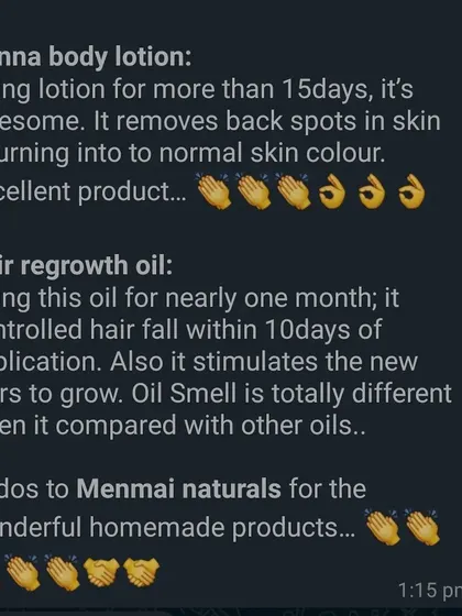 This is such detailed and wonderful feedback. The Henna Body Lotion helped remove back spots, and the Hair Regrowth Oil controlled hair fall within 10 days while stimulating new growth.