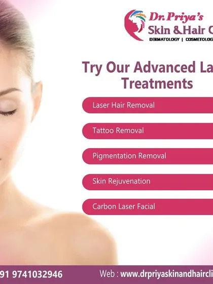 My clinic offers a comprehensive suite of advanced laser treatments. These include laser hair removal, tattoo removal, pigmentation removal, skin rejuvenation, and carbon laser facials, each tailored to specific patient needs.