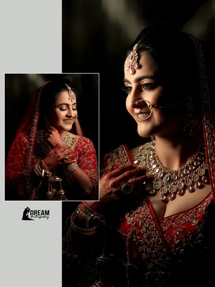 A collage of a bride in her red wedding lehenga, showcasing her radiant smile and beautiful jewelry.