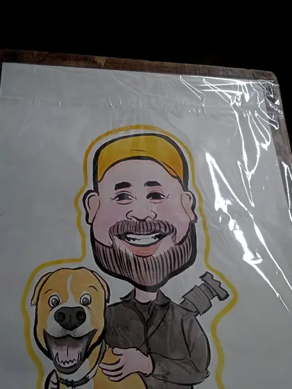 Yes, I draw pets too. This was a special commissioned piece for a client in Ireland, featuring him with his beloved dog, drawn from a photo he sent me.