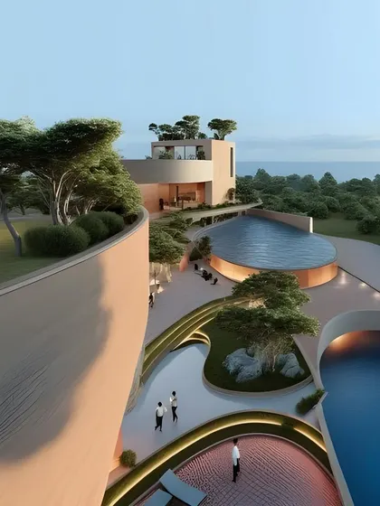A view of the public courtyard space created by the building's curves.