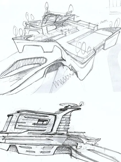 Early conceptual sketches exploring the fluid, terraced form of the podium structure.