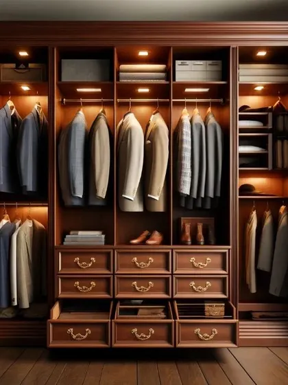 For a more traditional and masculine feel, this classic wood wardrobe concept offers timeless elegance. The warm lighting and detailed hardware add a touch of old-world charm.