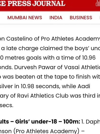 This article from the Free Press Journal details Jason Castelino's win in the boys' under-18 100m race.