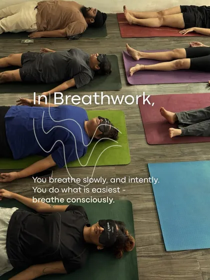 In breathwork, you do what is easiest: breathe consciously. Participants lie in Savasana, focusing slowly and intently on their breath before the ice immersion.