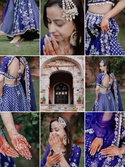 A grid of nine photos capturing all the details of the bride's Mehendi look, from her henna-adorned hands to the back of her stylish blouse.
