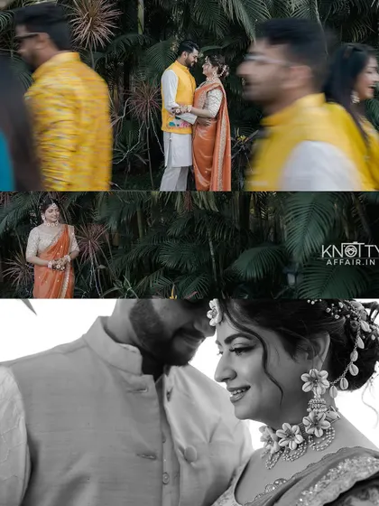 A mix of candid couple portraits and details from the Haldi ceremony. The black and white shot adds a timeless, emotional quality.