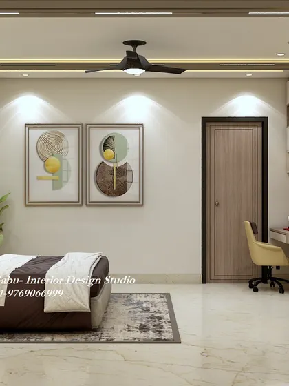 A bedroom designed for a couple in Mumbai, featuring a timeless and classy aesthetic. The wall art and study desk add functionality and personality to the space.