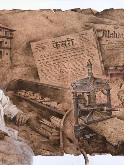 A large acrylic on canvas painting depicting the life and work of Lokmanya Bal Gangadhar Tilak. This piece, created for a national artist camp, shows the establishment of the Kesari and Mahratta newspapers.