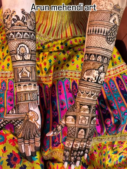 A vibrant and detailed design with multiple stories, including a bride in a doli, a wedding ceremony, and various traditional motifs.