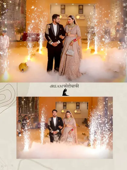 A grand entrance for Tanu and Kunal at their reception, framed by sparkling cold pyros.