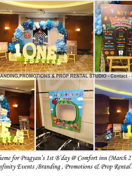 This Cocomelon first birthday at Comfort Inn features a beautiful blue-themed setup. A large arch backdrop, a "ONE" table, and multiple custom boards, including a milestone chart and a photo cutout, make for a comprehensive and fun celebration.