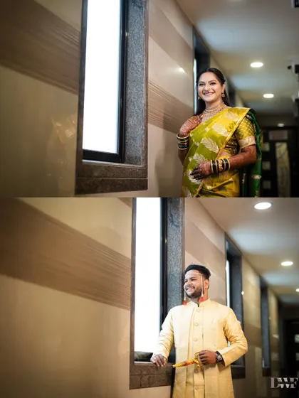 A collage of the bride and groom's individual portraits by a window, using natural light to create a soft and elegant look.