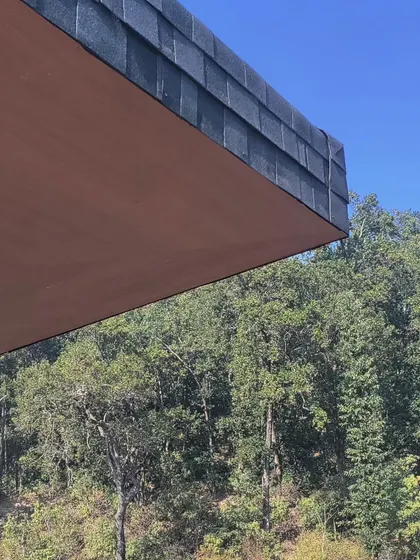 A detail shot of the cantilevered roof edge against the sky and trees. This element of the design creates a sharp, modern line that contrasts with the organic forms of the surrounding forest.