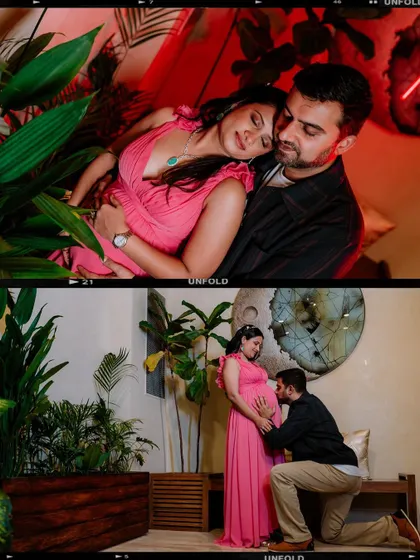 This collage uses a film strip aesthetic to showcase two distinct moments from a maternity shoot. It pairs an intimate, restful pose with a more traditional shot of the father-to-be connecting with the baby bump.