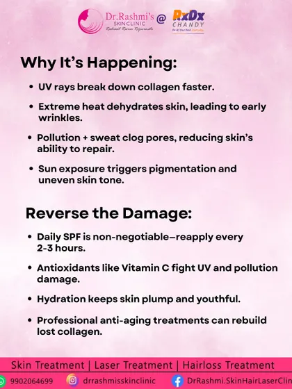 This graphic explains why heatwaves can accelerate skin aging and how to reverse the damage. Daily SPF, antioxidants like Vitamin C, and professional treatments are key to rebuilding lost collagen and fighting pigmentation.
