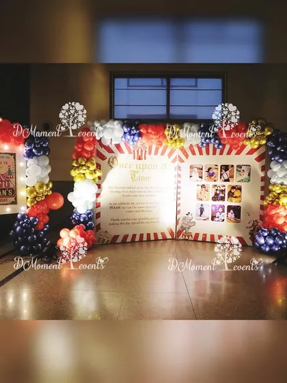 A storybook-style welcome board for a carnival party, sharing a "Once Upon a Time" tale about the birthday boy.