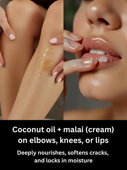 For dry skin, a simple mixture of coconut oil and malai (cream) on elbows, knees, or lips deeply nourishes, softens cracks, and locks in moisture.