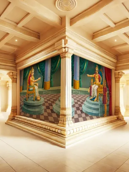 This image showcases a grand, temple-like space with custom murals depicting royal figures. The wallpaper is designed to integrate seamlessly with the classical architecture, creating an immersive and majestic experience.