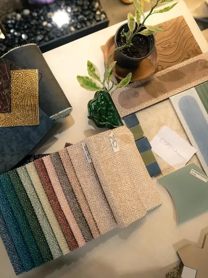 My moodboard approach in action. I use this collaborative process to bring a client's vision to life, laying out material samples, color swatches, and textures to ensure the final design is perfectly tailored to their style.