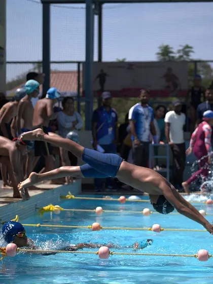 Another angle of the powerful dive starts that kick off the races at our swimming events.