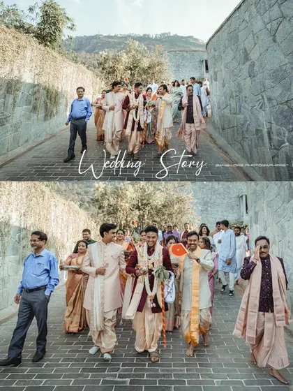 The groom's 'baraat' or wedding procession, full of energy and happy faces. This collage captures the story of his joyful arrival.