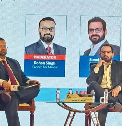 A close up of our Partner, Rohan Singh, moderating a panel at the Legal Era India Conclave. The discussion focused on the nuances of cross border investments and Foreign Direct Investment (FDI).