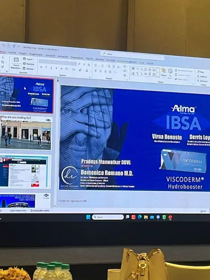 A slide from the Profhilo seminar presentation, showcasing the science behind Viscoderm Hydrobooster and other advanced treatments.