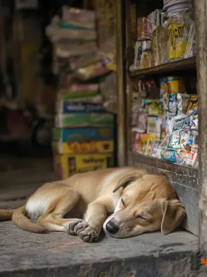 A close-up of a sleeping puppy, curled up against the side of a shop. This touching photo reminds us of the vulnerability and resilience of street dogs in our cities.