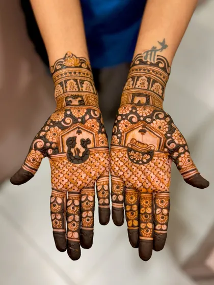 A full view of Kratika's design, which combines traditional patterns with personal symbols.
