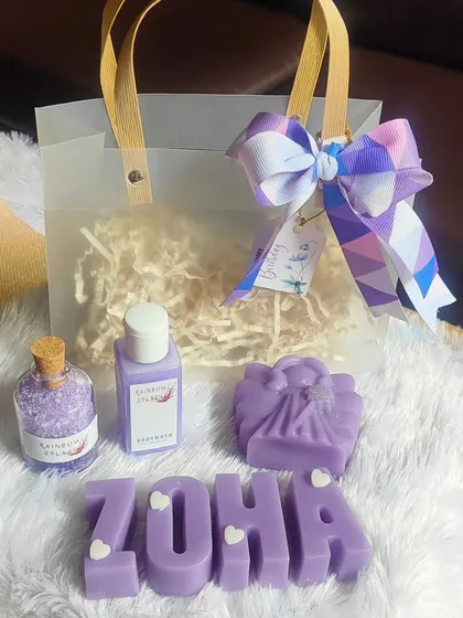 Another personalized birthday gift bag, this one for "Zoha". It features lavender name soaps, a purse-shaped soap, bath salts, and body wash.